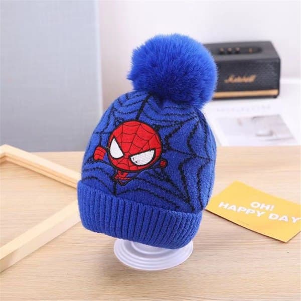 Pojkars Spiderman Stickad Mössa Vintermössa Pompom Skidmössa Blå Blue