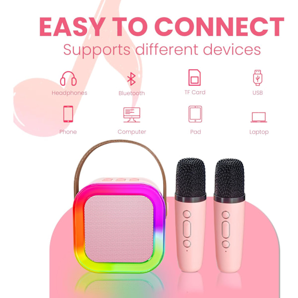 Karaoke Maskine til Børn og Voksne, Mini Bærbar Bluetooth Højttaler med 2 Trådløse Mikrofoner, Børnelegetøj Fødselsdagsgaver Familie Hjemmefest (Pink)