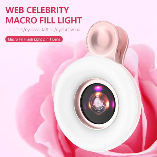 3 i 1 LED Ring Light med Mobiltelefon Clip, 15X Makro Linse Fyldlys Lampe, 53 LEDs, Genopladelig, Selfie, Live Stream black
