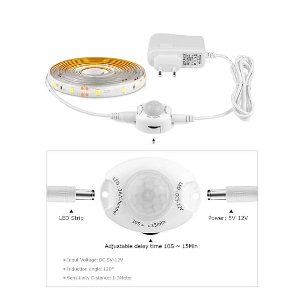 12V LED-strip med rörelsesensor, vattentät IP65 (5m, vit)