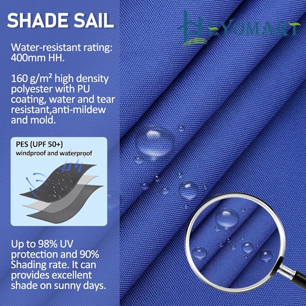 Triangulär solsegel 3 x 3 x 3m vattentät solskydd inklusive fästrep PES polyester med UV-skydd för trädgård terrass camping. blue