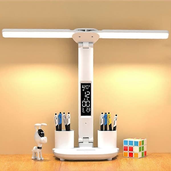 LED Skrivebordslampe med Penneholder/Digital Klokke Multifunksjonell Skrivebordsleselampe for Barnerom E E