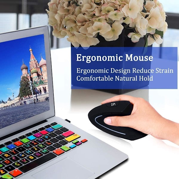 Ergonomisk mus, 2.4G optisk trådløs vertikal mus med 6 knapper - 3 justerbare DPI 800/1200/1600 for bærbar PC, datamaskin, stasjonær, notebook, etc. Battery