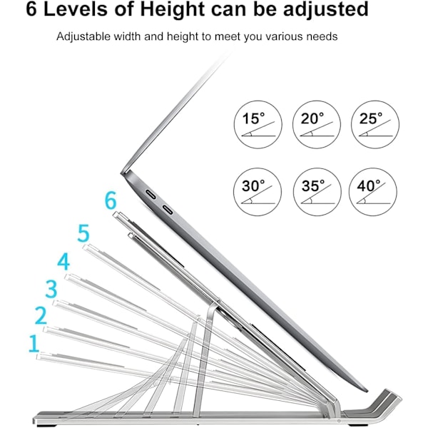 Laptopstativ, aluminiumlegering, halkfri, hopfällbart bärbart stativ, ventilation och värmeavledning, 6-växlad justering.
