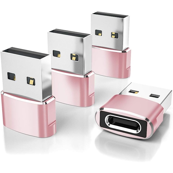 USB till USB-C Adapter 4-pack, Typ C Hona till A Hane Laddningskabelkonverterare för Apple iWatch 8 7, Mac, iPhone 12 13 14 15 Max Pro, Airpods Pink 4-pack