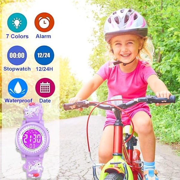 Digitalt armbandsklocka med 7 färgade lampor, vattentät 3D-tecknad figur för småbarn, med alarm, stoppur för flickor 3-10 år Purple