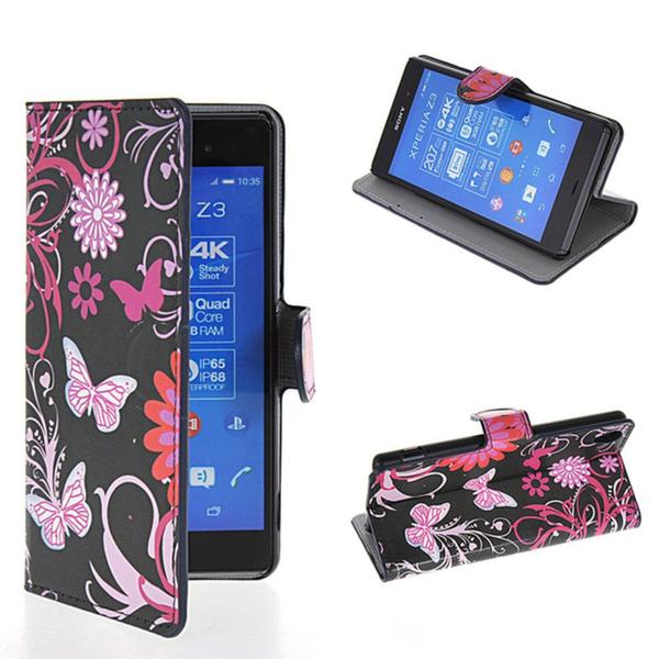Plånboksfodral Sony Xperia Z3 - Svart med Fjärilar & Blommor