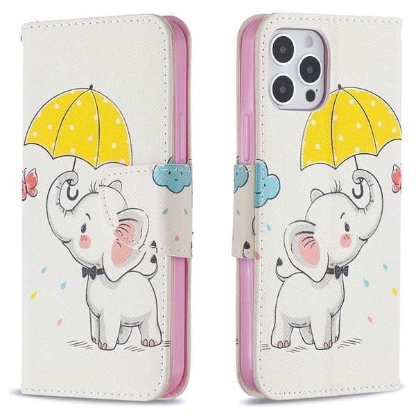 Lompakkokotelo iPhone 14 Pro Max - Elefantti Sateenvarjolla