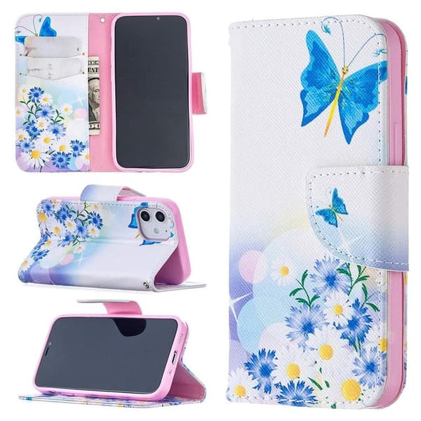 Lompakkokotelo iPhone 12 Mini - Perhosia Ja Kukkia