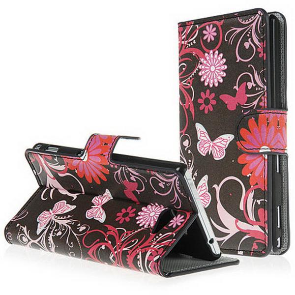 Plånboksfodral Sony Xperia M2 - Svart med Fjärilar & Blommor