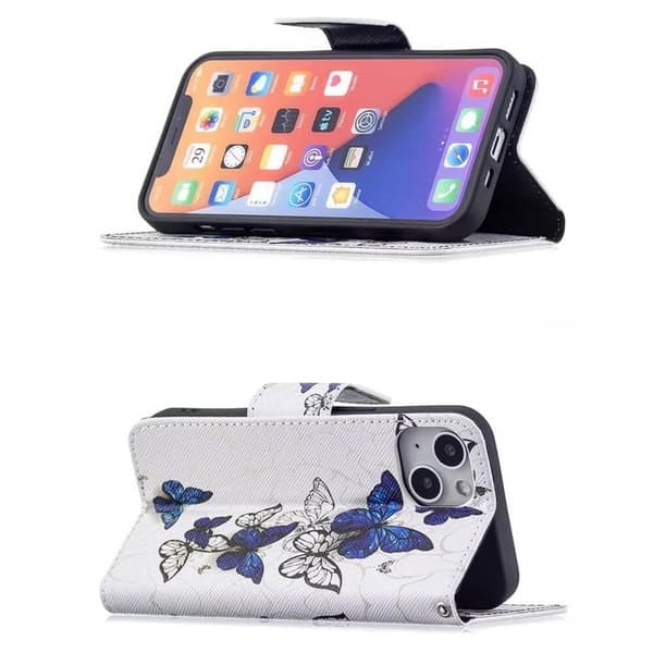 Lompakkokotelo iPhone 13 - Siniset Ja Valkoiset Perhoset