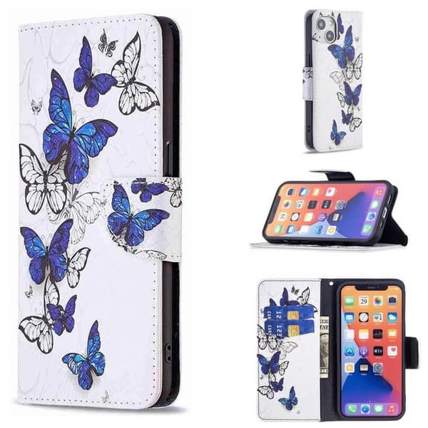 Plånboksfodral iPhone 14 – Blåa och Vita Fjärilar