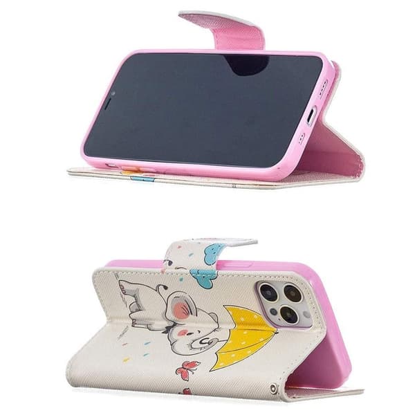 Lompakkokotelo iPhone 14 Pro - Elefantti Sateenvarjolla