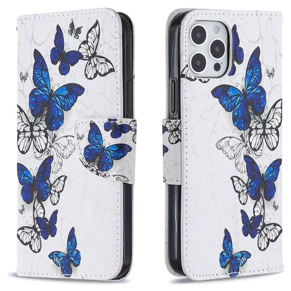 Plånboksfodral iPhone 14 Pro Max – Blåa och Vita Fjärilar
