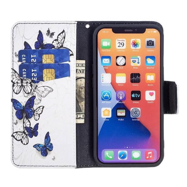 Plånboksfodral iPhone 13 – Blåa och Vita Fjärilar