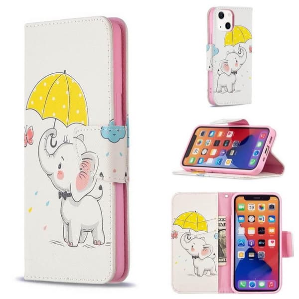 Lompakkokotelo iPhone 14 Plus - Elefantti Sateenvarjolla