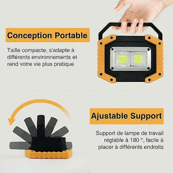 30W Ladattava LED-kohdevalaisin Rakennustyömaan työvalo 2X COB Kannettava USB LED-kohdevalaisin retkeilyyn, 3 tilaa, (1 kpl) [Energialuokka A++]