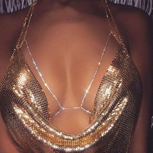 #Glimmande Kristallkroppskedja Silver Strass Bling Sexig BH Kedja#