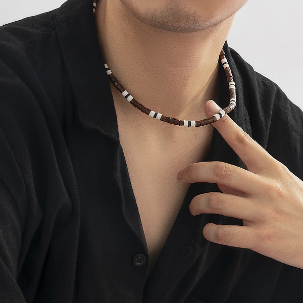 #Boho chic blød terracotta patchwork træperle halskæde til mænd#