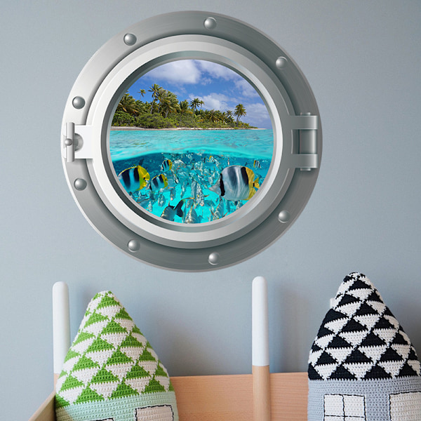 Två set 35x35cm Väggdekaler 3D Rundfönster Underhav Världen Vägg