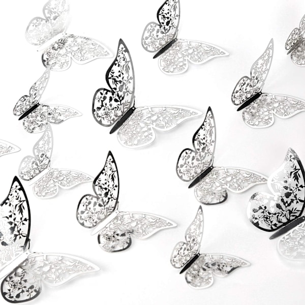 12 st 3D (Silver) Fjärilsväggdekaler 3 Storlekar Fjärilsvägg