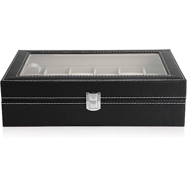 Klockbox med 12 fack gjord av PU-läder, sammet och äkta glas.