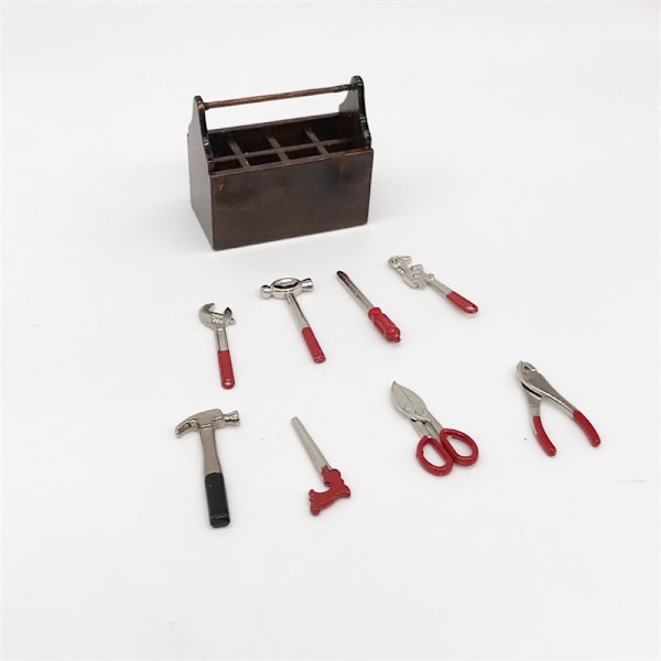 #Miniatyr Træværktøjskasse, Dukkehustværktøjskasse med Værktøj, Mini Træ#
