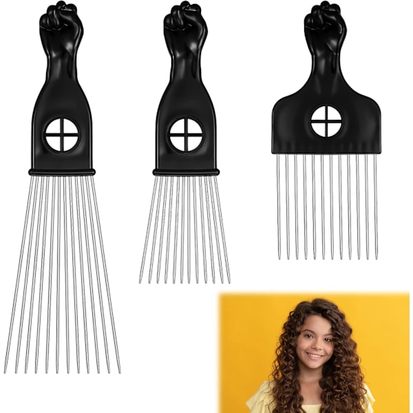 3 stk. Afro-kammer i metall med forskjellige lengder