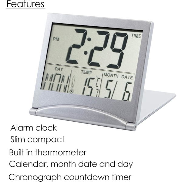 Silver LCD Digital Väckarklocka, Temperatur, Vikbar Skrivbords Klocka