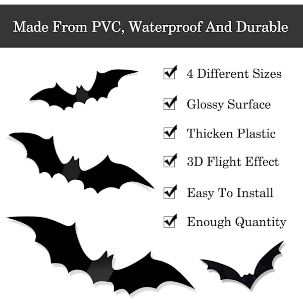 #72 stk Halloween 3D Flaggermusdekorasjon, DIY Skummel Veggflaggermus Veggdekor