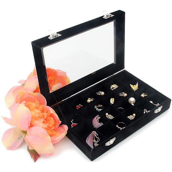 Vacker Present Klar Lock Sammet 24 Fack Smyckesbricka Transparent Smyckesdisplay Monter Låsbar Filt Smyckesförvaring Organizer Charm Box Hållare Gåva