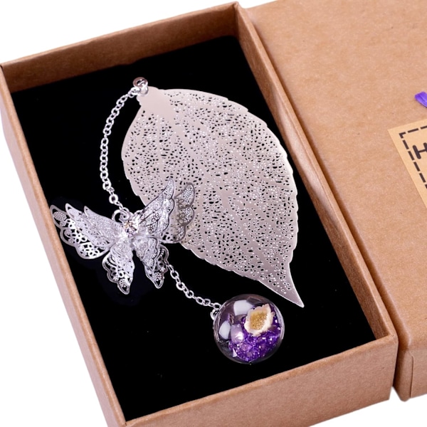 #Kirjanmerkit 3D Perhosen Ripuksen kanssa Hopea Lehti Violetti Pallo - Pe#