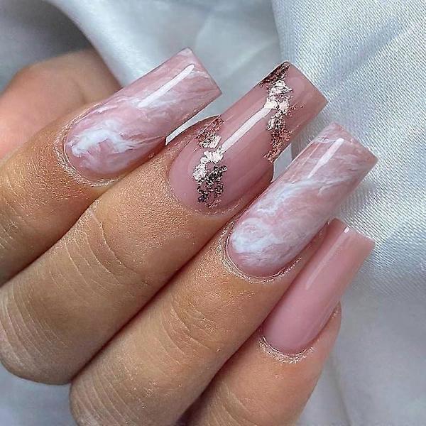 Firkantede Nude Pink Gradient Hvidt Guld Folie Glossy Marmor Tryk på Negle med Neglelim, Pink Hvide Marmor Kunstige Negle