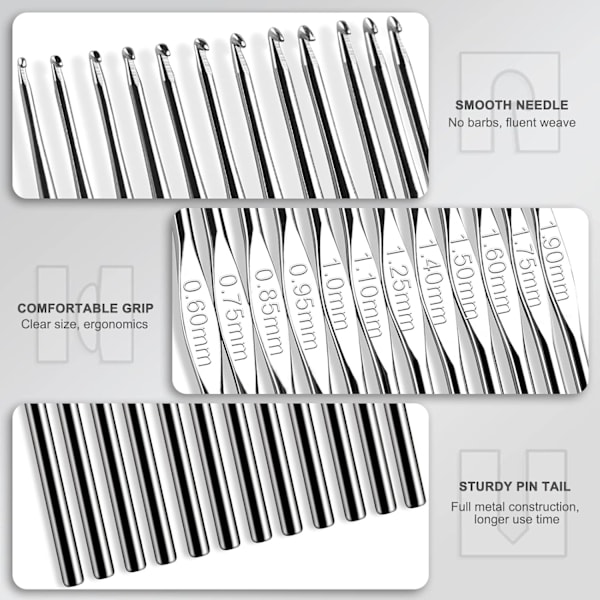 #12 Pakk Små Heklenåler, Størrelse 0,6 mm, 0,75 mm, 0,85 mm, 0,9 mm,#