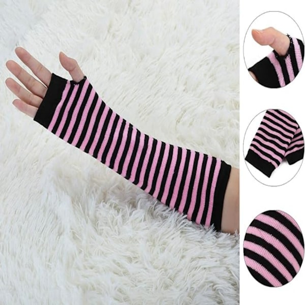 #Vinterhansker for kvinner - Rosa striper, varme lange hansker med fingerhull#