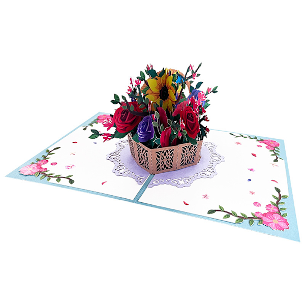 Rosakorg pop-up-kort, handgjort blomsterhälsningskort, 3D Mothe