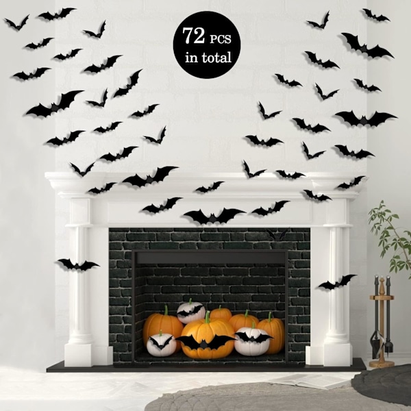 #72 stk Halloween 3D Flaggermusdekorasjon, DIY Skummel Veggflaggermus Veggdekor