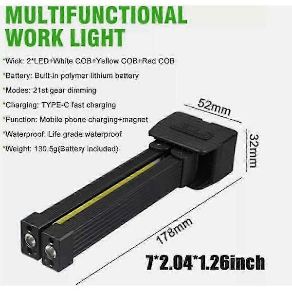 Gymlampa för posering, 7:e växeln dimning, bärbar magnetisk LED-ficklampa med krok