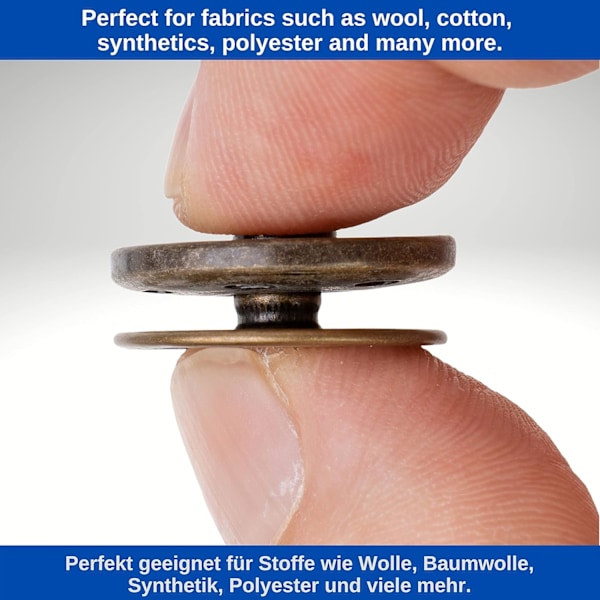 #Sy-tryk knapper, ? 12 mm, 20 par i messingfarve, Spænder til#