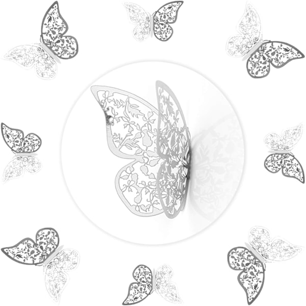12 st 3D (Silver) Fjärilsväggdekaler 3 Storlekar Fjärilsvägg