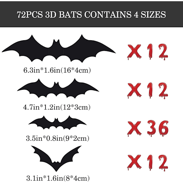 72 stk Halloween 3D Flagermus Dekoration, DIY Gyser Vægge Flagermus Vægge Dekal