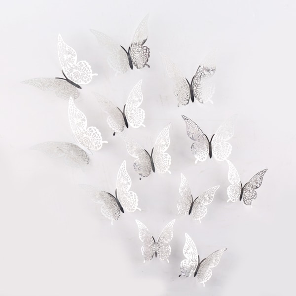 12 st 3D (Silver) Fjärilsväggdekaler 3 Storlekar Fjärilsvägg