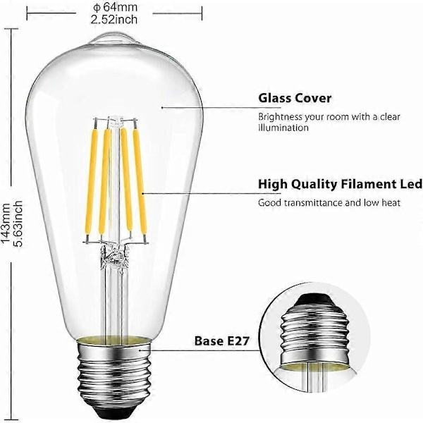 Edison Filament LED-lampa 4W E27 ST64 (470lm Varmvit 2700K, Ej Dimbar, 6-pack [Energiklass A++]