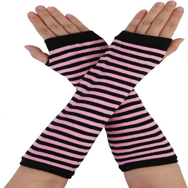 #Vinterhandskar för kvinnor - Rosa ränder, varma långa handskar med fingrar#