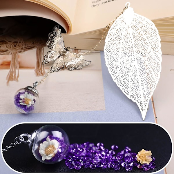 #Kirjanmerkit 3D Perhosen Ripuksen kanssa Hopea Lehti Violetti Pallo - Pe#
