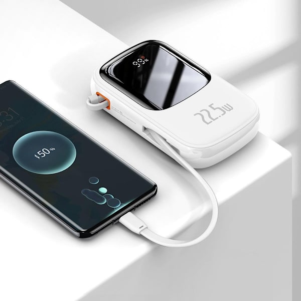Baseus Qpow Digital Display Powerbank med hurtiglading 20000mAh 22,5W QC/PD/SCP/FCP med innebygd USB-C-kabel hvit