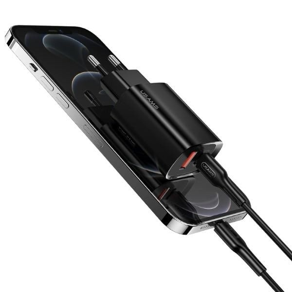 USAMS Lad. nätverk. 1xUSB-C+1xUSB T35 20W (endast huvud) PD3.0 +QC3.0 Snabbladdning svart/svart CC121TC02 (US-CC121)