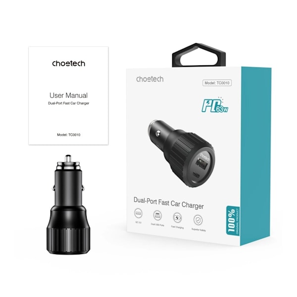 CHOETECH HURTIG BILOPLADER USB-C USB-A PD 63W HOLDBAR SORT