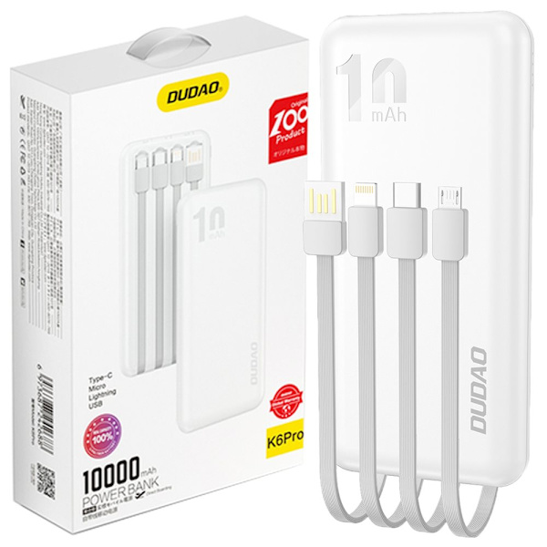 Dudao K6Pro universell strømforsyning 10000mAh med USB-kabel, USB Type C, Lynhvit (K6Pro-hvit) Vit