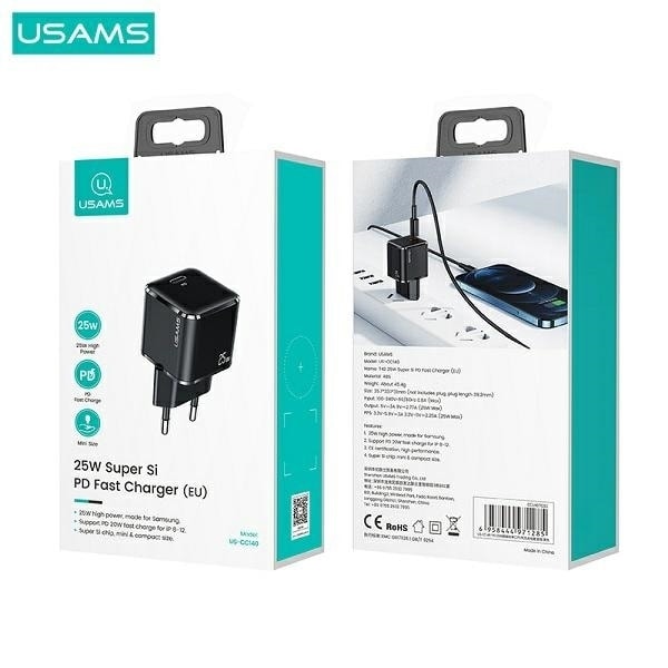 USAMS Lad. nätverk. 1xUSB-C T42 mini 25W (endast huvud) Super SI 5V-3A PD3.0 Snabbladdning svart/svart CC140TC01 (US-CC140)